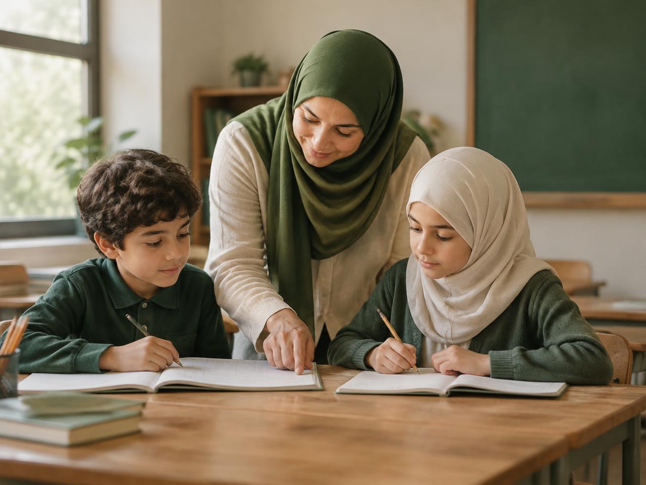 معلمة تساعد طالبين في الصف